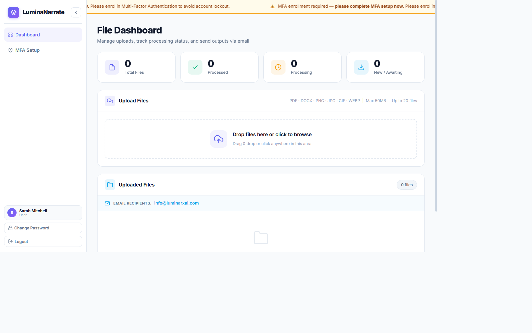 Dashboard — file management and upload area