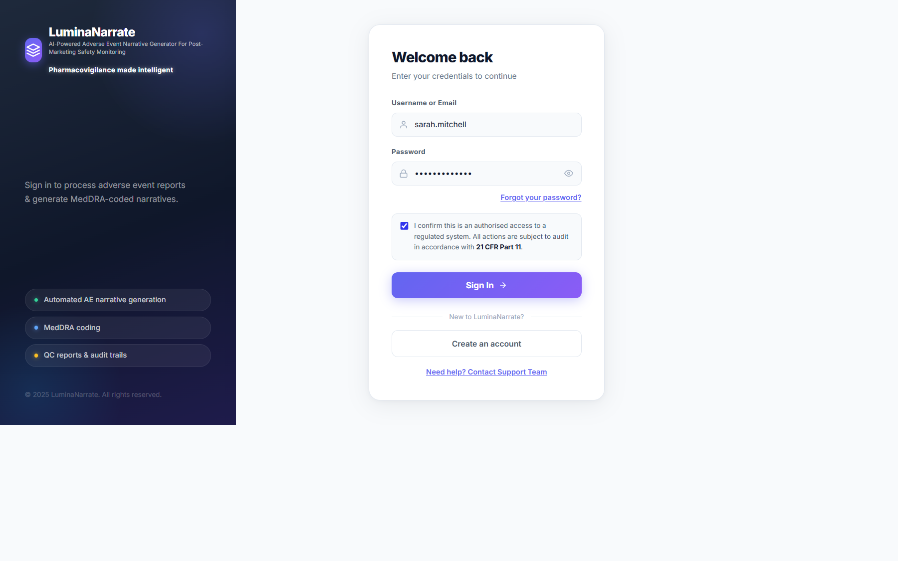 Login — credentials entered, ready to sign in